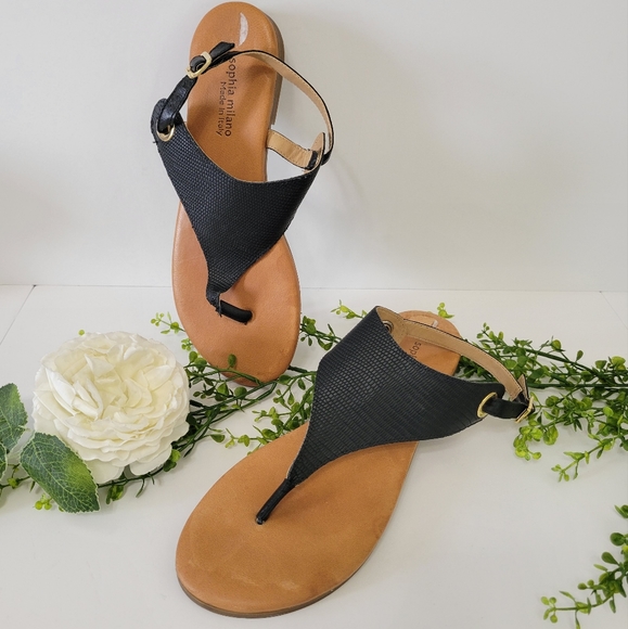 Sofia Milano black leather thong sandals women's size 9 - Picture 2 of 10
